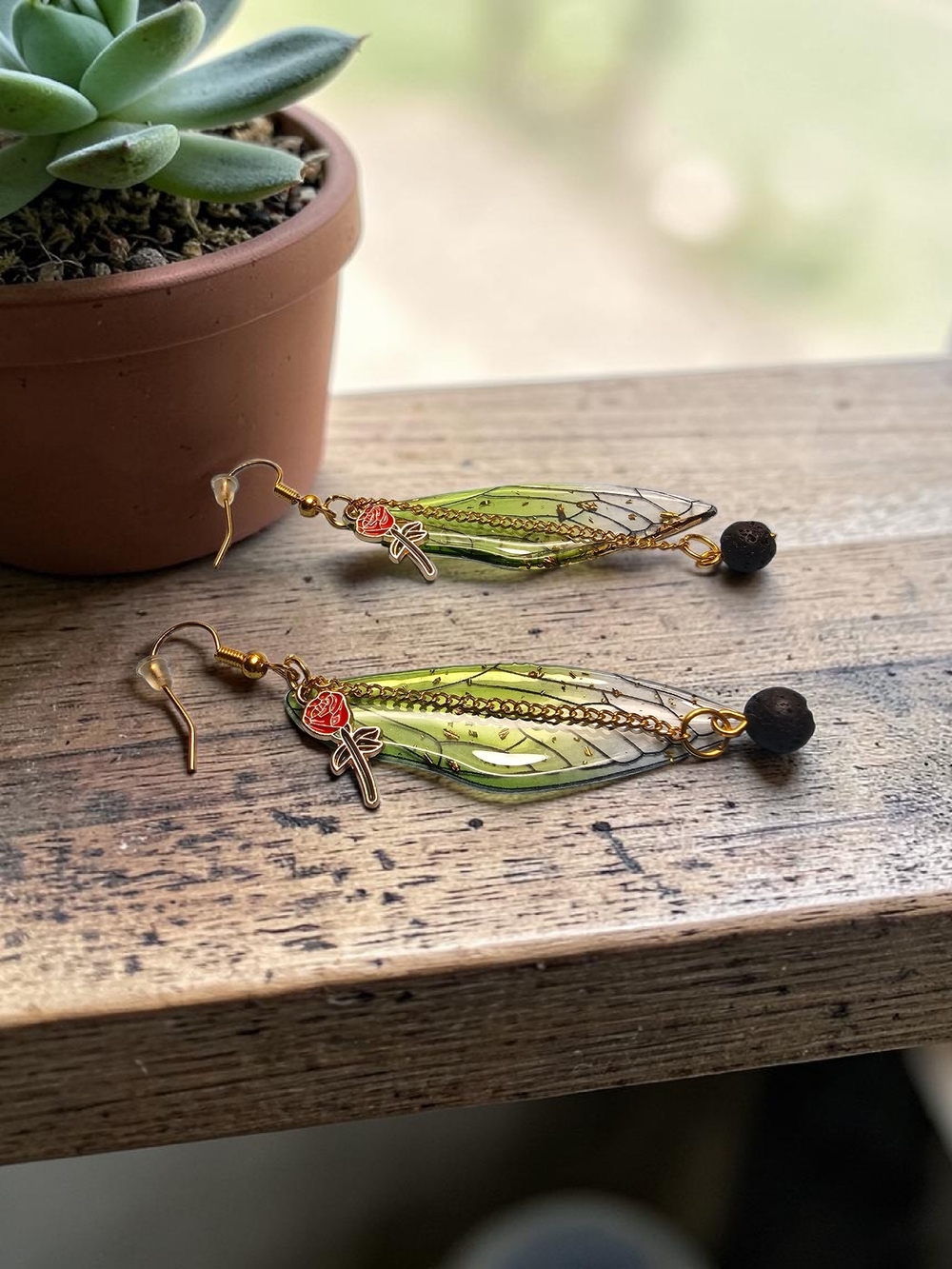 Handmade Green Leaf Dangle Earrings with Rose Charm